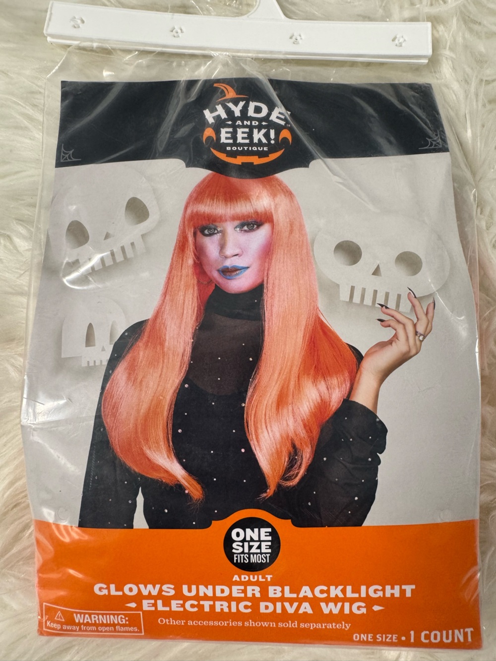 Electric Diva Long Straight Wig Neon Orange Glows Under Blacklight NEW Halloween